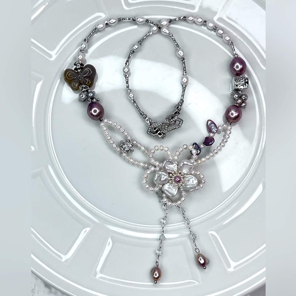 Handmade HQ Premium Keshi Pearl Flower 🌺 Edison Agate Crystal Necklace